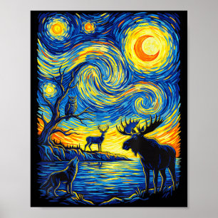 Affiche Art Impressionniste Faune Nature Élan Loup Hibou