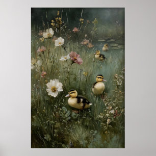 Affiche Art imprimable de canetons antiques, canard minima