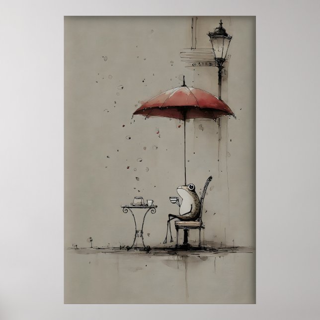 Affiche Art imprimable de grenouille qui boit du café, Caf (Devant)