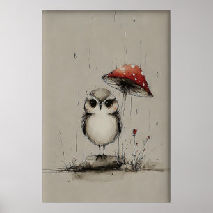Affiche Art imprimable de hibou sous champignon, croquis d