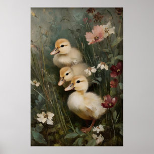 Affiche Art imprimable de trois canetons antiques, Canard