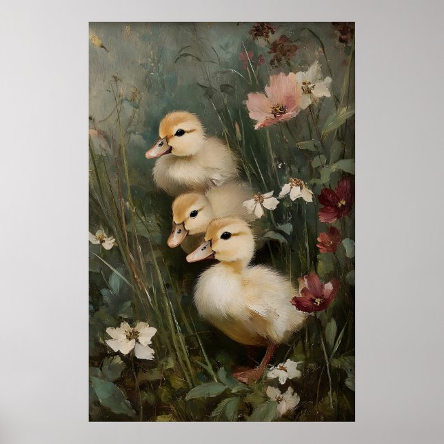 Affiche Art imprimable de trois canetons antiques, Canard (Devant)