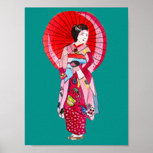Affiche Art japonais Geisha avec parapluie