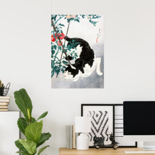 Affiche Art Japonais Vintage Chat Noir et Blanc Tomate
