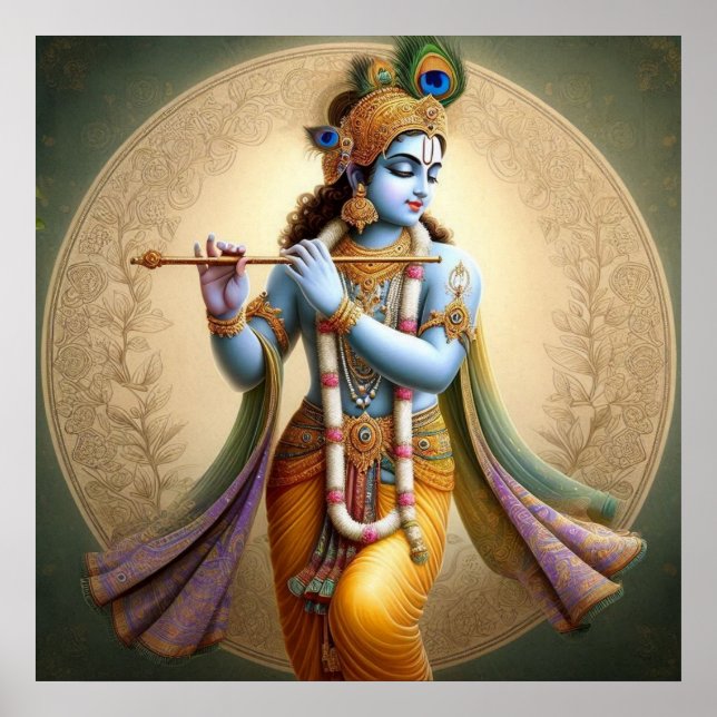Affiche Art Krishna au clair de lune : divinité de la flût (Devant)