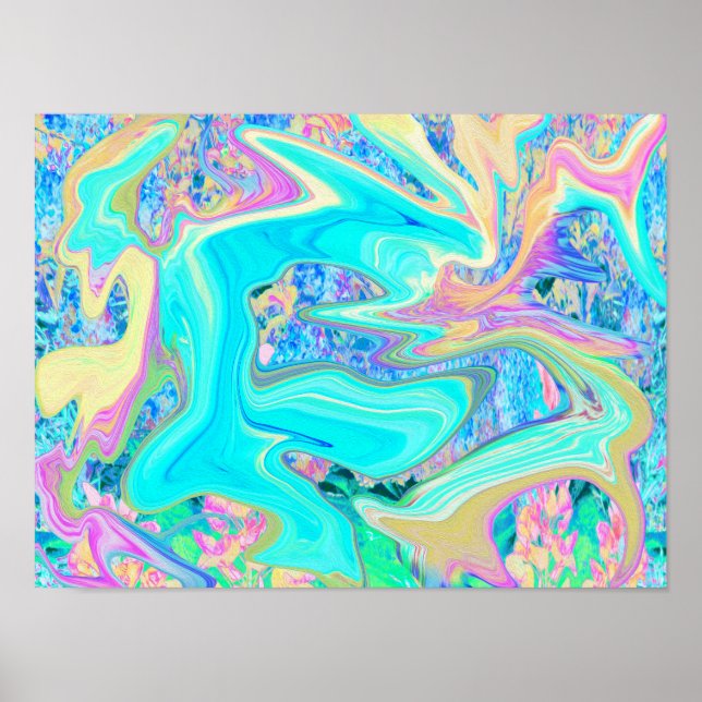 Affiche Art Liquide Bleu Aqua Rétro sur Hydrangeas Abstrai (Devant)