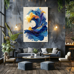 Affiche Art liquide de vague océanique abstraite bleu or f