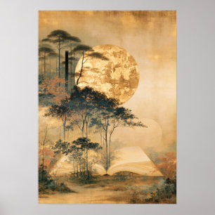 Affiche Art littéraire Neo-Rinpa Forêt au clair de lune