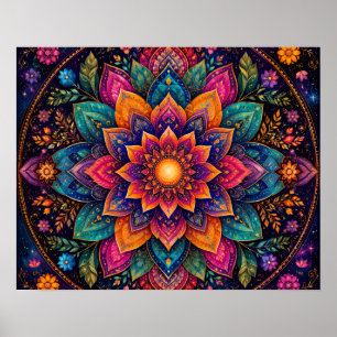 AFFICHE ART MANDALA FLORAL AUX TONS DE JOYAU COSMIQUE