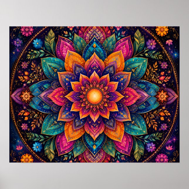 AFFICHE ART MANDALA FLORAL AUX TONS DE JOYAU COSMIQUE (Devant)