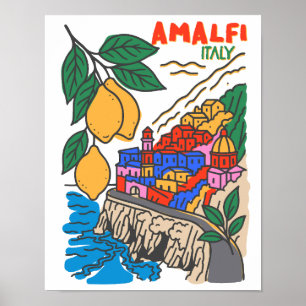Affiche Art Méditerranéen d'Amalfi Italie dessiné à la mai