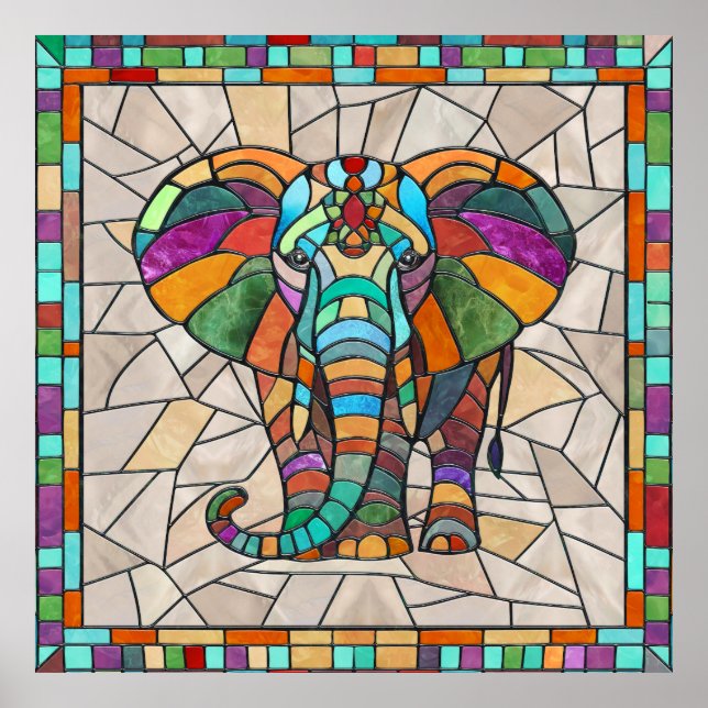 Affiche Art mignon de mosaïque d'éléphant coloré (Devant)