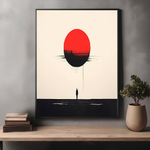 Affiche Art minimaliste Abstrait de Soleil Rouge et Solitu