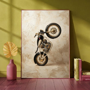 Affiche Art minimaliste beige moto vintage en wheelie
