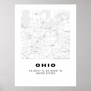 Affiche Art minimaliste de carte Ohio - noir et blanc
