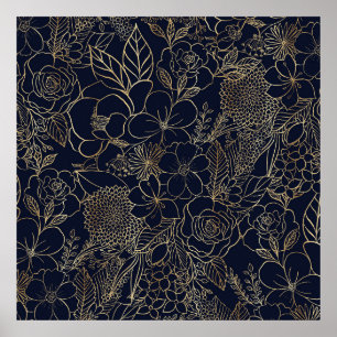 Affiche Art moderne Gold Blue Floral Doodles