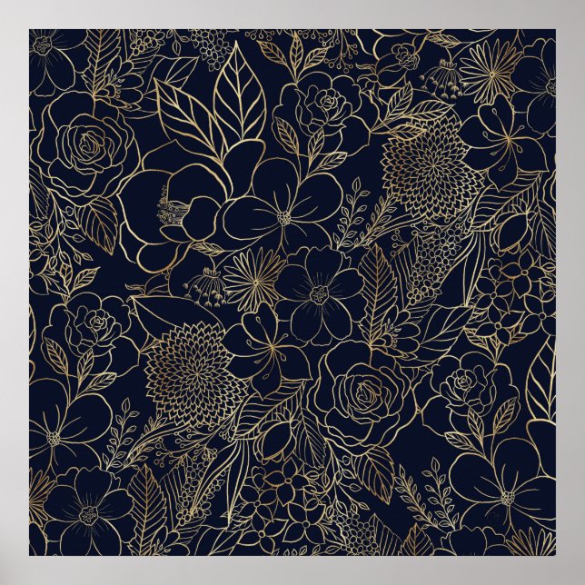Affiche Art moderne Gold Blue Floral Doodles (Devant)