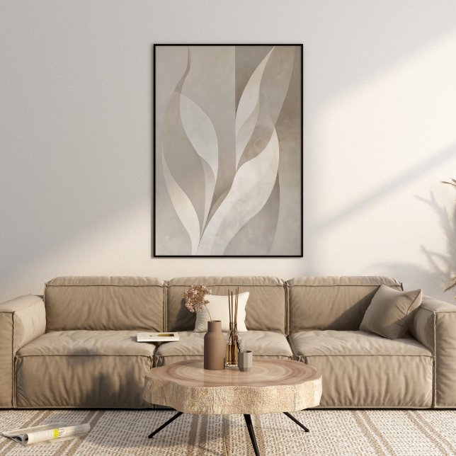 Affiche Art Moderne Neutre Feuille esthétique mur (Modern Neutral Leaves Aesthetic Wall Art in a beautiful beige neutral boho luxe living room.)