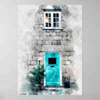 Art moderne peinture d'aquarelle de porte bleue