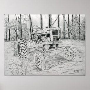 Affiche art noir et blanc de ferme vintage de tracteur