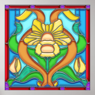 Affiche Art Nouveau Daffodil Stain Glass Frame