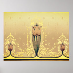 Affiche Art nouveau floral tulip pink and gold elegant