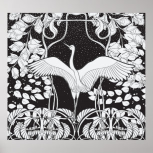 Affiche Art Nouveau : Illustration d'oiseaux floraux