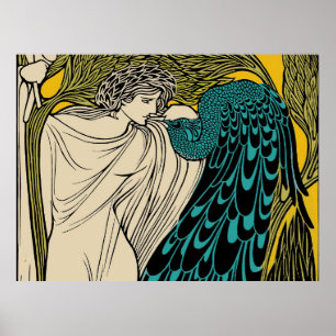 Affiche Art Nouveau oiseau paon fin