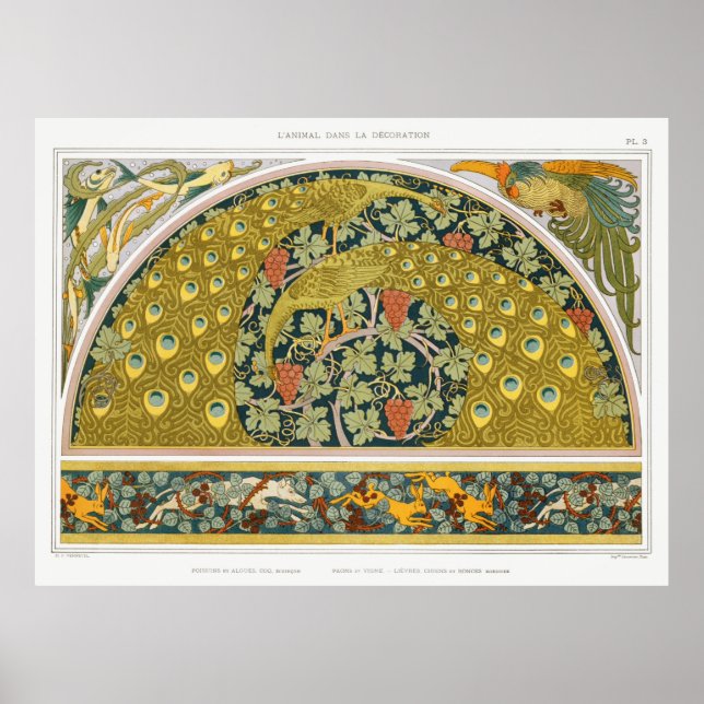 Affiche Art nouveau paon animaux vignes verneuil (Devant)