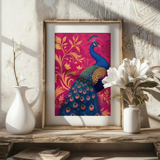 Affiche Art Nouveau Peacock sur Fuchsia Vibrant (Créateur téléchargé)