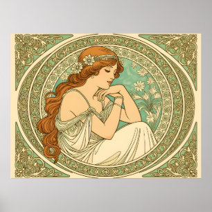 Affiche Art nouveau romantic illustration white flowers