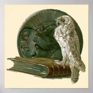 Affiche Art Nouveau vintage avec un hibou, une pièce de mo
