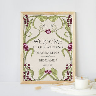 Affiche Art Nouveau Vintage Burgundy Rose Fleurie Bienvenu