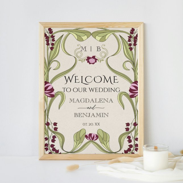 Affiche Art Nouveau Vintage Burgundy Rose Fleurie Bienvenu (Créateur téléchargé)