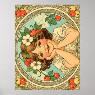 Affiche Art nouveau vintage girl with flowers ornament