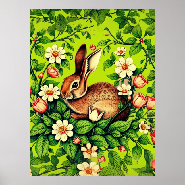 Affiche Art Nouveau Wild Rabbit and Flowers (Devant)