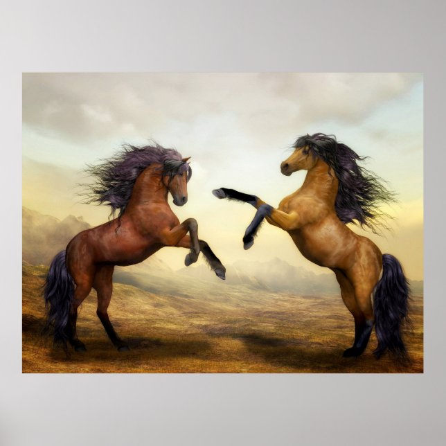 Affiche Art numérique, chevaux sauvages s'élevant sur les  (Devant)