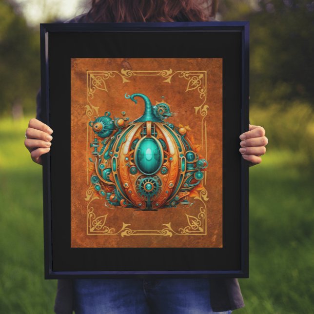 Affiche Art numérique Citrouille Aqua & Orange Steampunk (As shown: 16x20 print with black mat & frame)