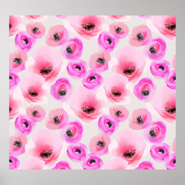 Affiche Art numérique d'aquarelle rose Fleurs (Devant)