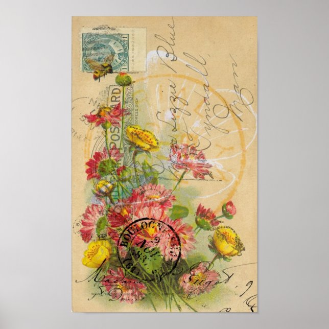 Affiche Art numérique de carte postale Fleurs roses (Devant)