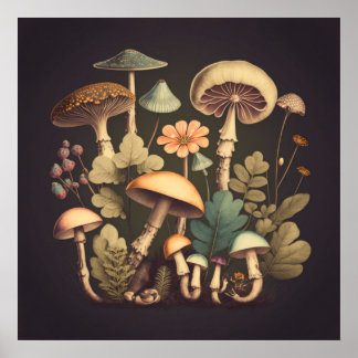 Affiche Art numérique de champignons vintages 3