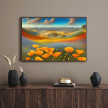Affiche Art numérique Dreamy Poppies<br><div class="desc">Paysage rêvé L'IA a généré de l'art numérique avec des vallées de fleurs florissantes,  des nuages moelleux et de charmants pavots de Californie à l'avant-plan.</div>