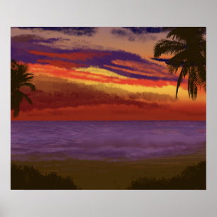 Affiche Art numérique du coucher de soleil sur l'île tropi