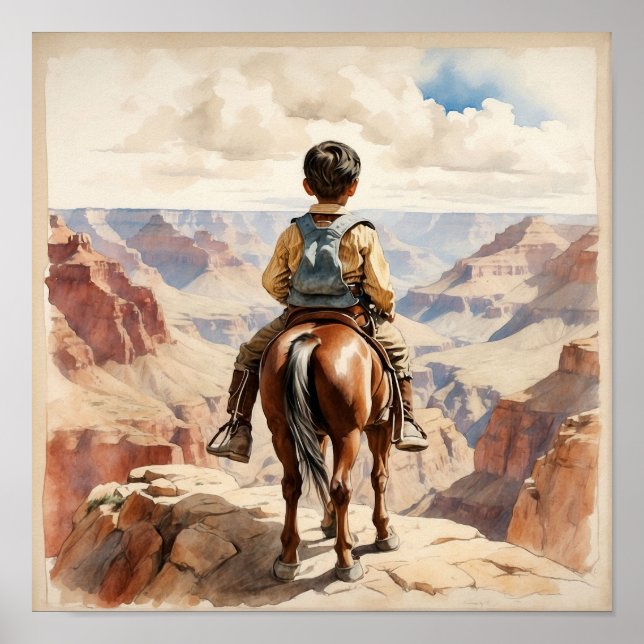 Affiche Art occidental ethnique vintage garçon à cheval (Devant)