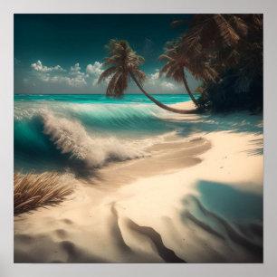 Affiche Art océanique   Vagues de plage et palmiers Tropic