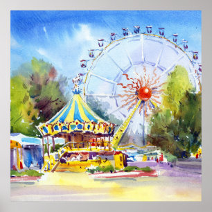 Affiche Art original de l'attraction carrousel de parc d'a
