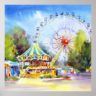 Affiche Art original de l'attraction carrousel de parc d'a