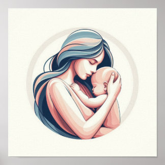 Affiche Art pastel minimaliste de maman avec bébé