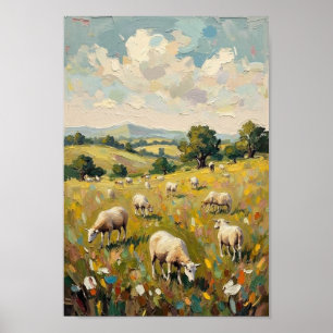 Affiche Art pastoral de prairie vintage avec moutons