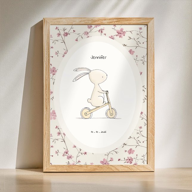 Affiche Art personnalisé de lapin – Nom Date de naissance  (Custom Name Birth Date Print - Cute Bunny Nursery Poster)